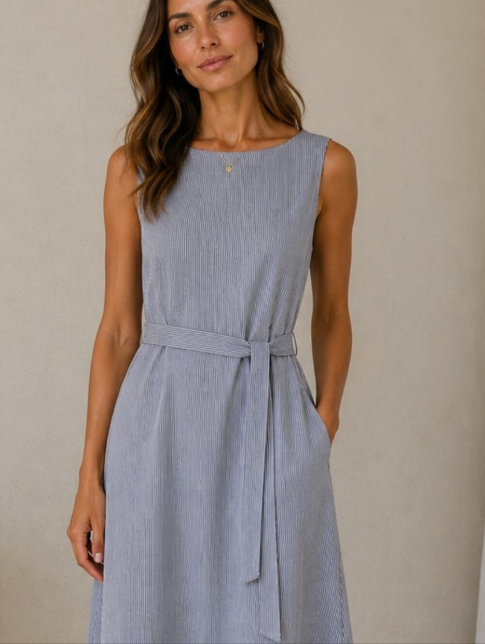 Uniqlo Sleeveless Belted Swing Dress  Stripe Pockets Back Zip Nautical